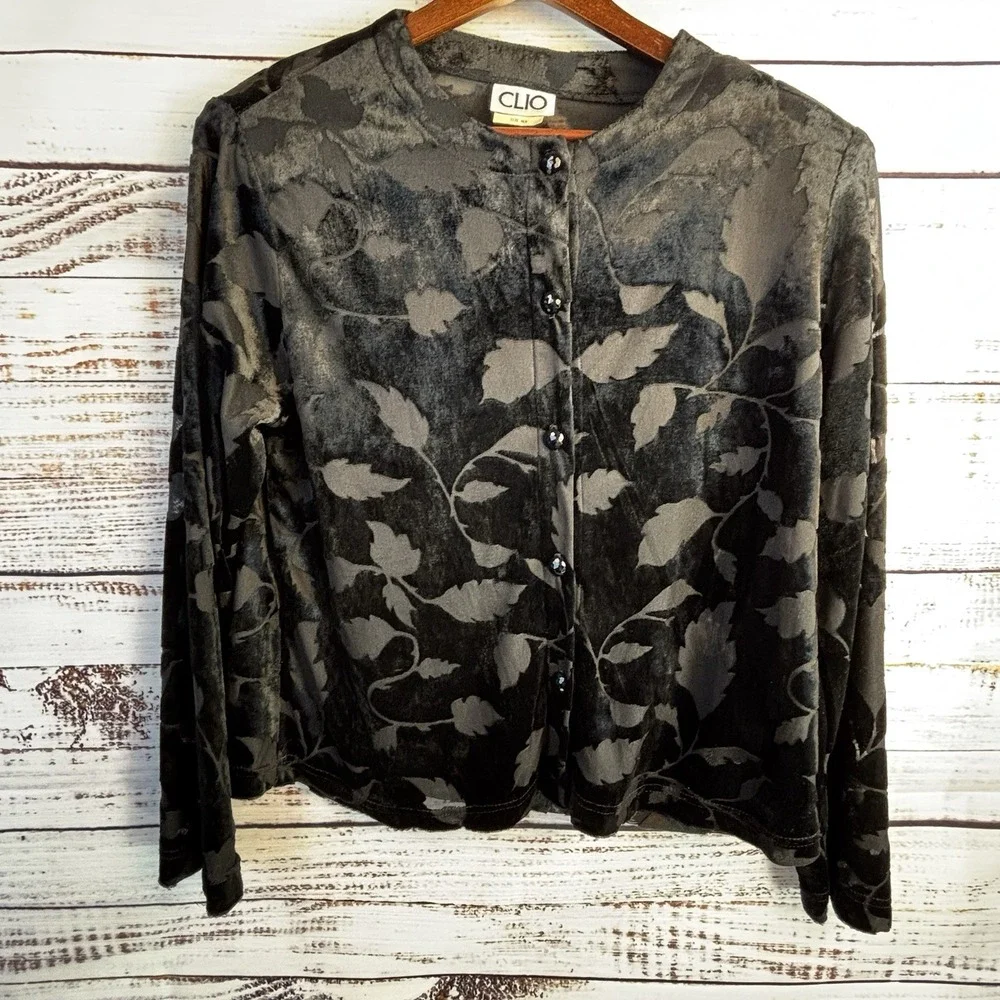 Vintage Black Burnout Velvet Sheer Blouse Cardigan M USA Whimsigoth Witchy Artsy